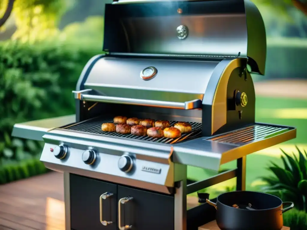 Experiencia de asado en parrilla de alta gama con detalle de acero inoxidable y diseño preciso, bajo el sol y rodeada de vegetación exuberante