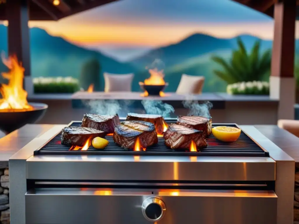 Experiencia de asado en parrillas de alta gama en un entorno lujoso al aire libre con atardecer pintoresco