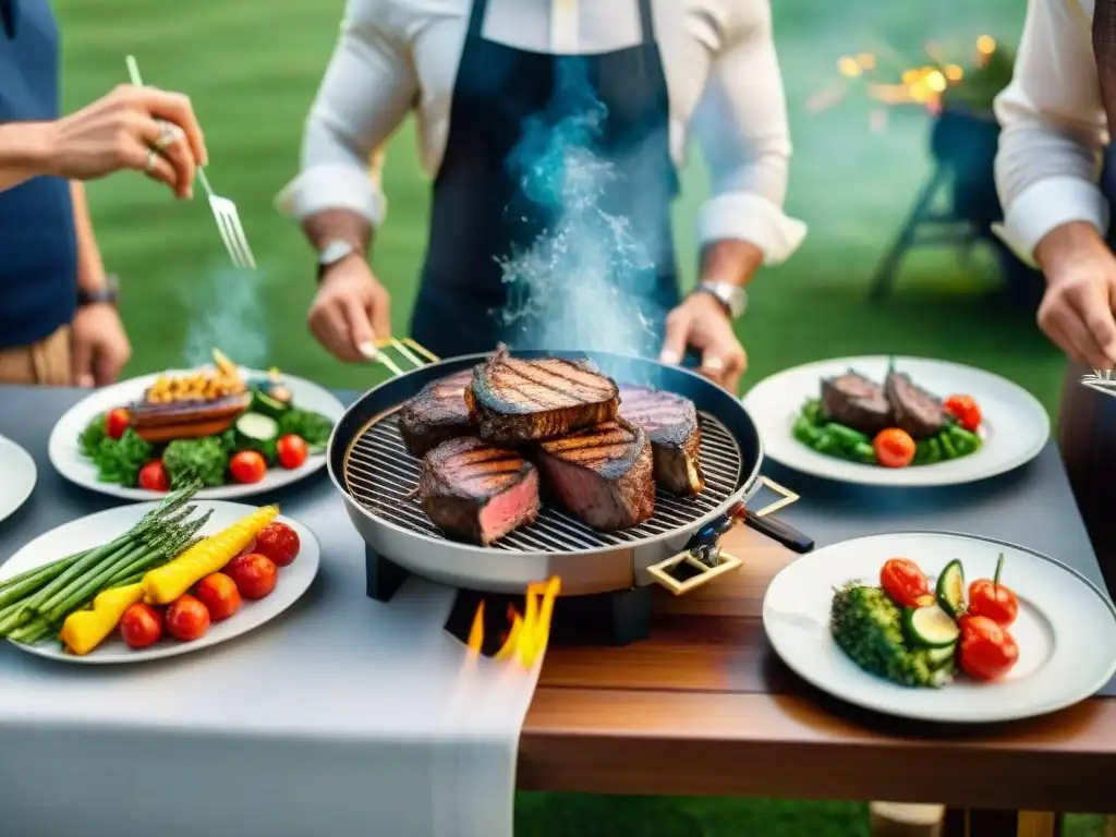 Experiencia de asado en parrillas de alta gama al aire libre con comida exquisita y comensales felices