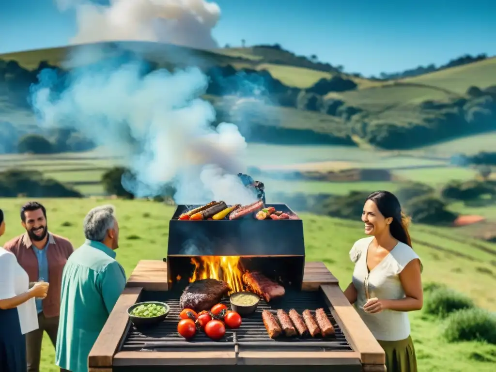 Una experiencia de asado tradicional uruguayo al aire libre, con sellos de sostenibilidad y carne de calidad, rodeado de naturaleza y risas