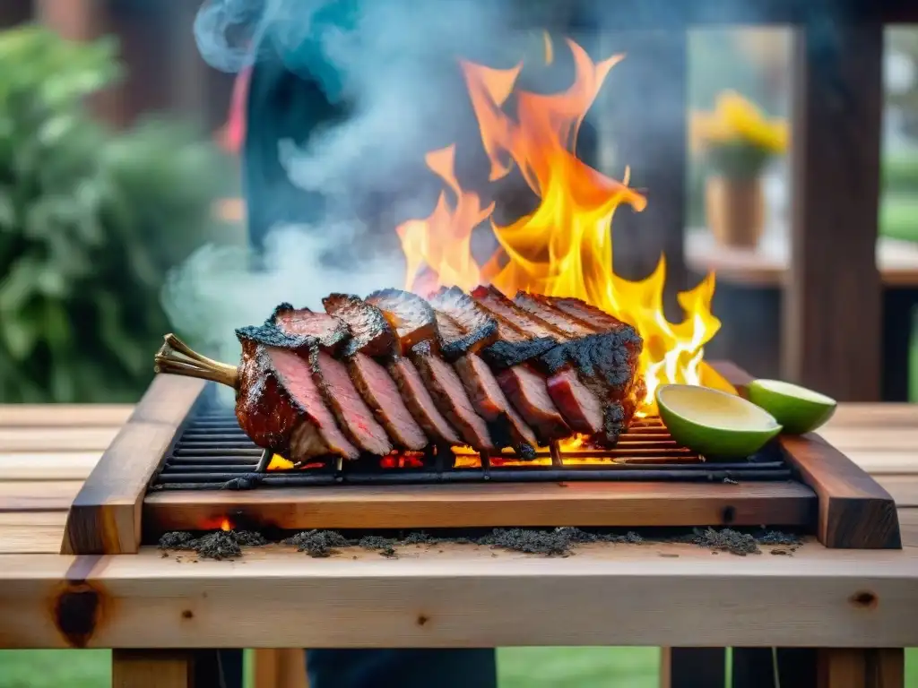 Experiencia de asado uruguayo con carne jugosa y fuego crepitante en entorno campestre