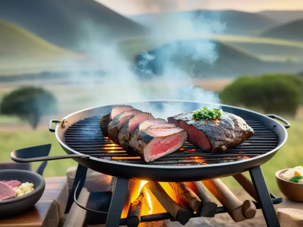 Experiencia asado uruguayo en estancia de lujo: gaucho preparando un asado tradicional rodeado de paisaje rural