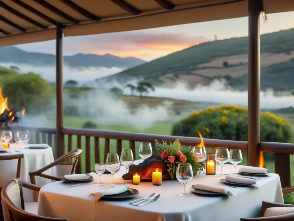 Experiencia asado uruguayo en estancia de lujo: mesa elegante al aire libre con asado y detalles refinados