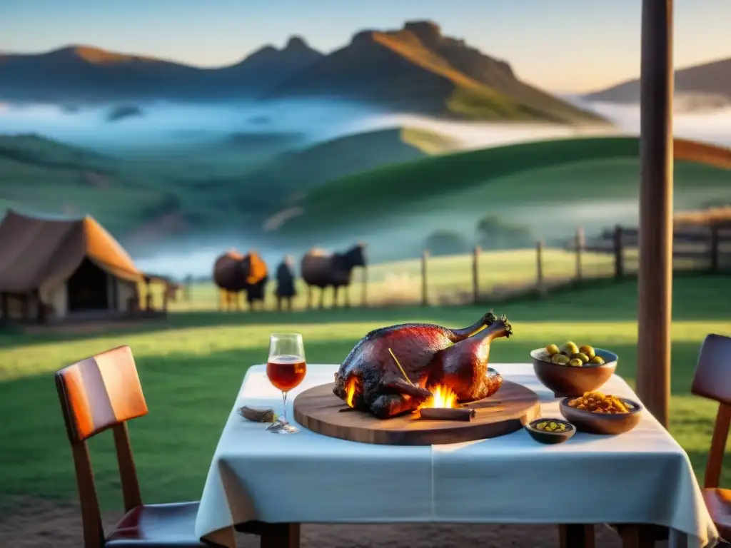 Experiencia asado uruguayo en estancia de lujo con mesa elegante y asado en la parrilla, rodeados de accesorios gauchos