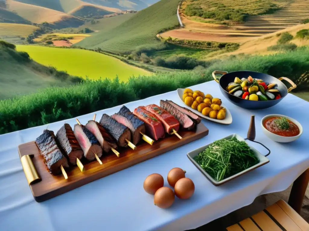 Experiencia asado uruguayo en estancia de lujo, mesa llena de carne a la parrilla, verduras y vinos finos, con vistas panorámicas