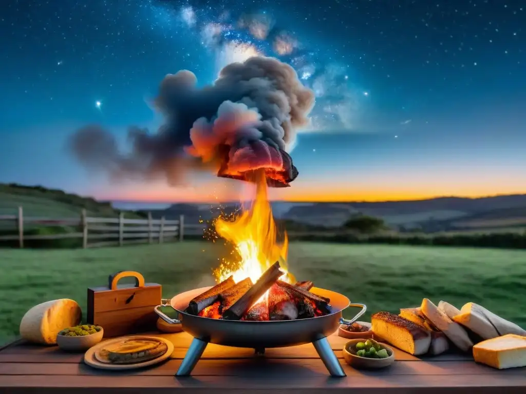 Experiencia asado uruguayo bajo estrellas, fuego, humo y amistad en la noche