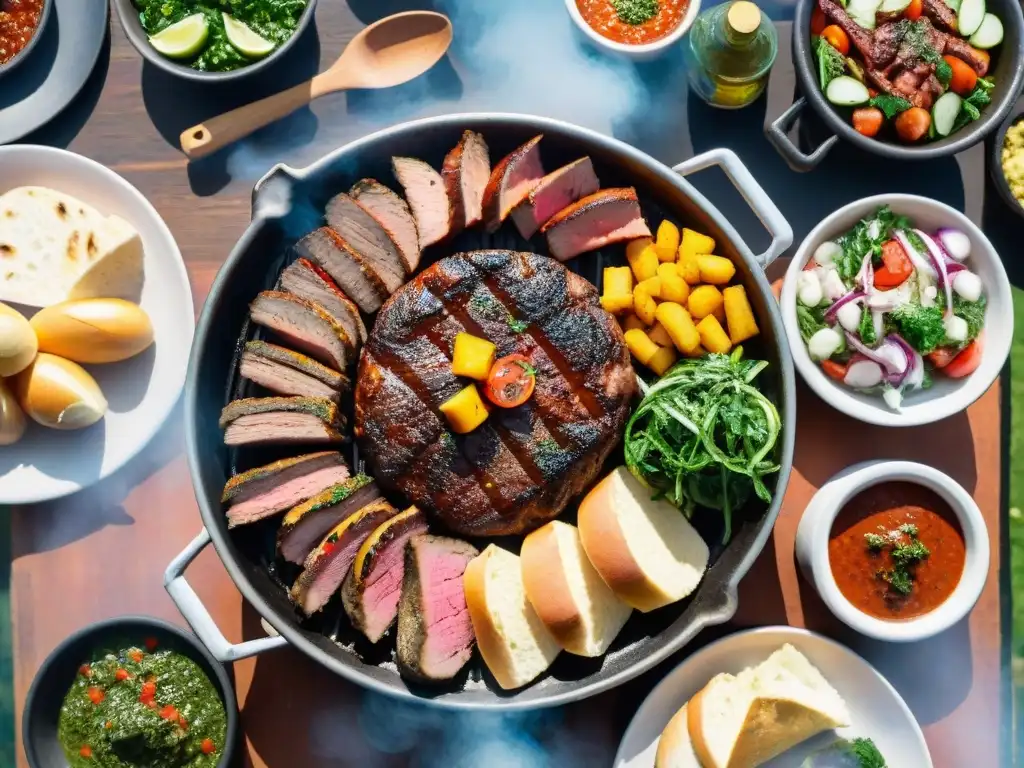 Experiencia de asados Uruguayos con Conciencia: Parrilla tradicional, carnes asándose y chimichurri colorido en escenario al aire libre pintoresco