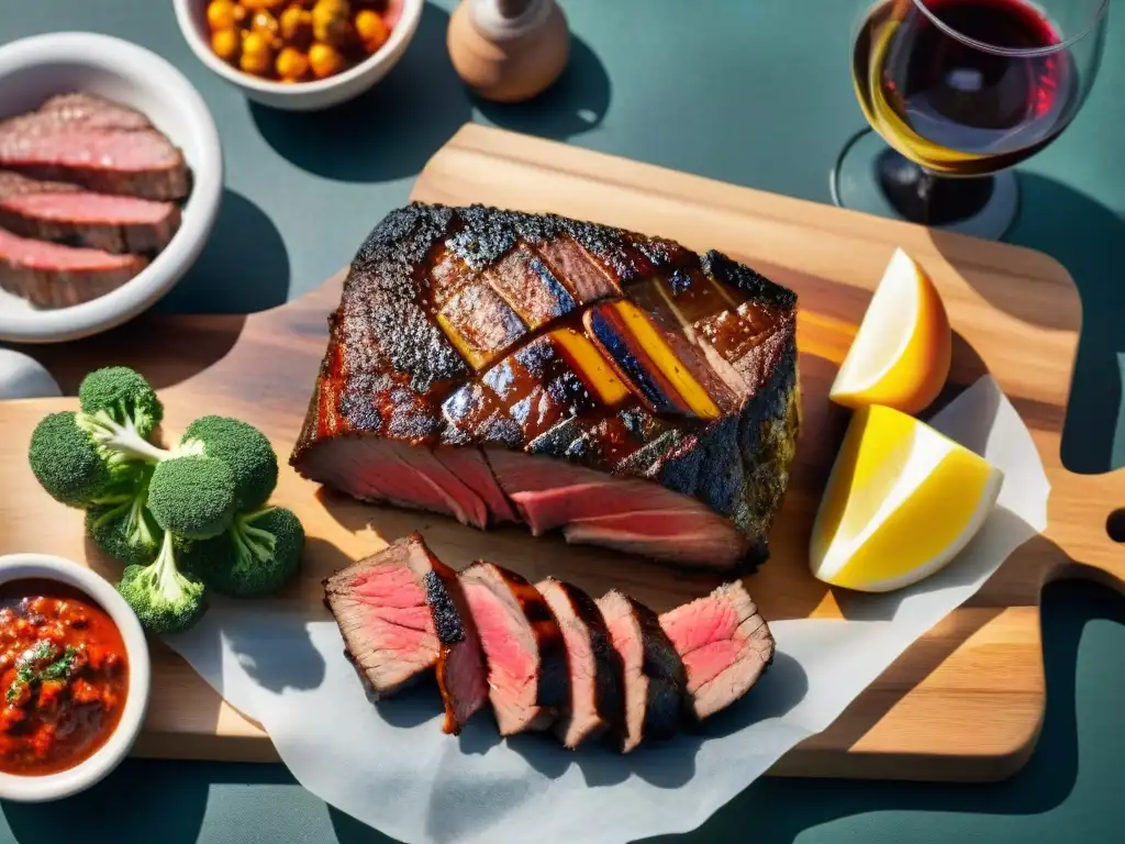 Una experiencia culinaria sin errores en la presentación de un asado uruguayo perfectamente grillado sobre una mesa rústica de madera