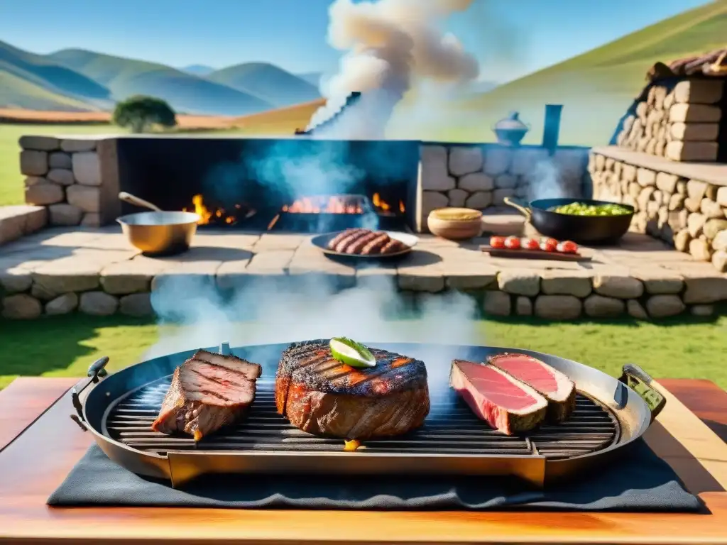 Experiencia culinaria de técnicas de asado en estancias uruguayas con paisajes verdes y cielo azul