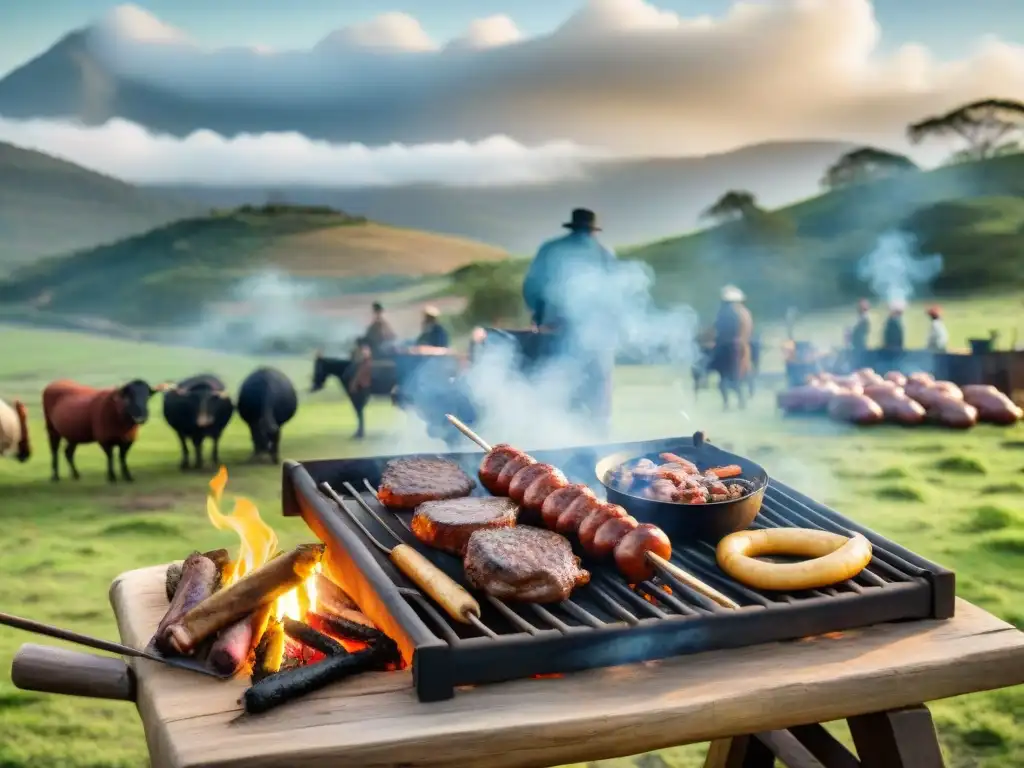 Experiencia gastronómica asado uruguayo campo: Gauchos asando carne en la campiña, rodeados de naturaleza y tradición