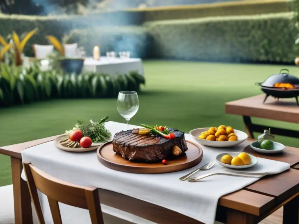 Una experiencia gourmet en Uruguay: mesa elegante en jardín verde, asado al fondo