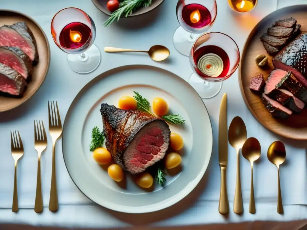 Una experiencia lujosa y única de maridaje de vinos y cortes de carne exóticos en una mesa elegantemente decorada