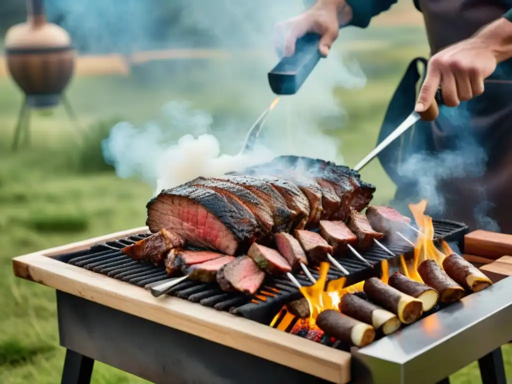 Experiencia multisensorial asado uruguayo: Chef preparando un asado tradicional en parrilla de leña al aire libre