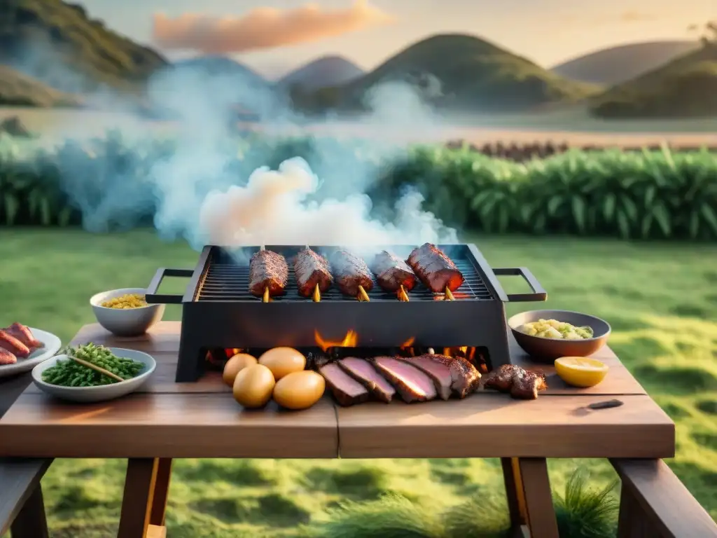 Experiencia multisensorial asado uruguayo: Mesa de madera rústica con carne en una parrilla, amigos y familia disfrutando en el campo soleado