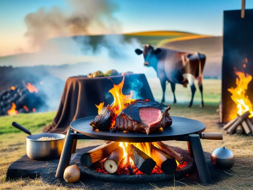 Experiencia única asado con cuero: Gauchos cocinan una vaca entera sobre fuego abierto en un paisaje campestre uruguayo