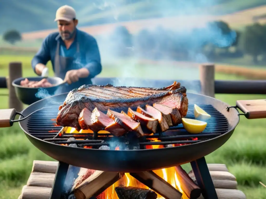 Experiencia única asado con cuero en la campiña uruguaya: carne a la parrilla, humo y amigos disfrutando