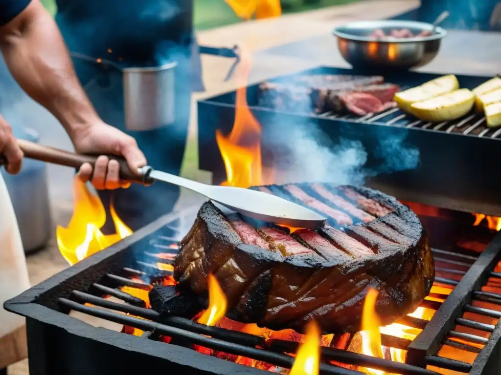 Experiencia única asado con cuero: Imagen detallada de un asado uruguayo tradicional, con carne dorada asándose sobre una parrilla al aire libre