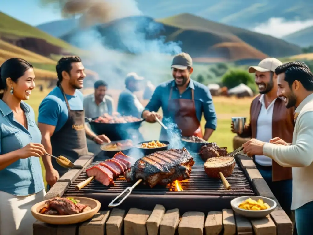 Una experiencia única de asado uruguayo: amigos y familia alrededor de la parrilla en un entorno rústico con colinas y cielo azul