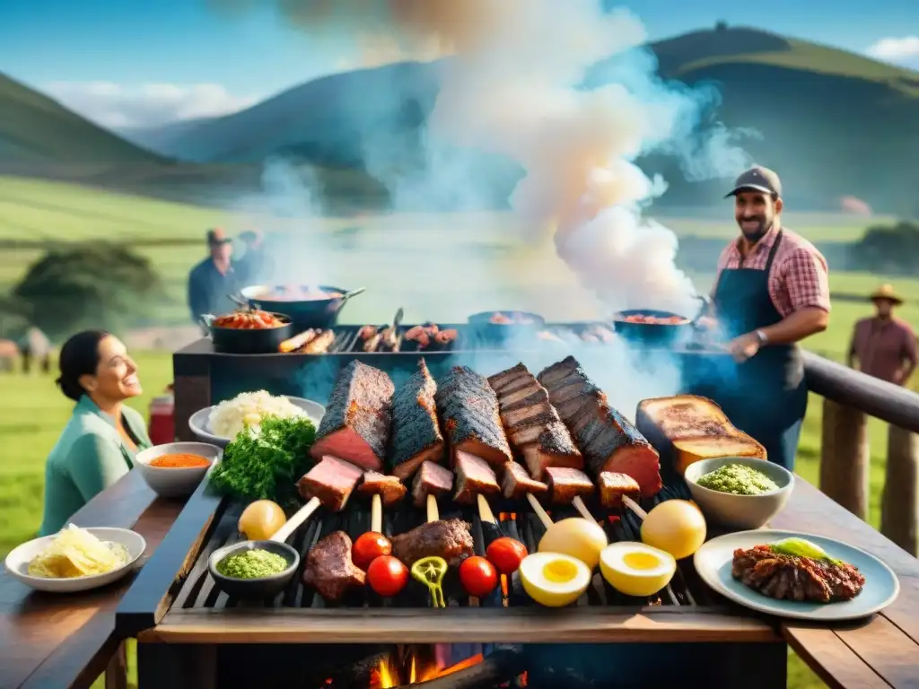 Experiencias únicas asado Uruguay: Reunión familiar alrededor de la parrilla con carne sizzling y paisaje campestre