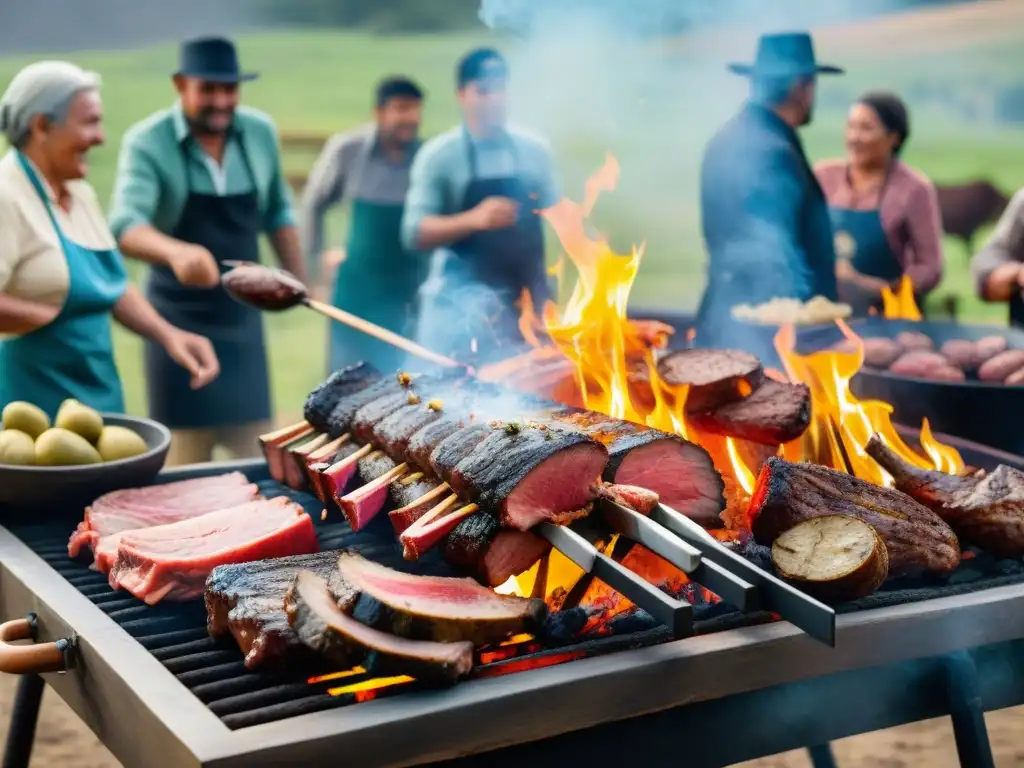 Experiencias únicas asado Uruguay: vibrante reunión alrededor de la parrilla con música y risas en el campo