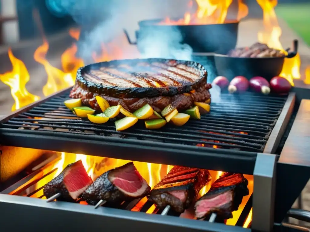 Experiencias únicas asado uruguayo: un festín de carne y vegetales en la parrilla con humo y fuego