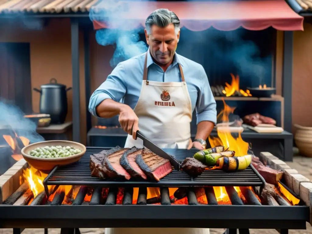 Un experimentado CarniceroChef experto en técnicas avanzadas de asado uruguayo, asando carne en parrilla tradicional