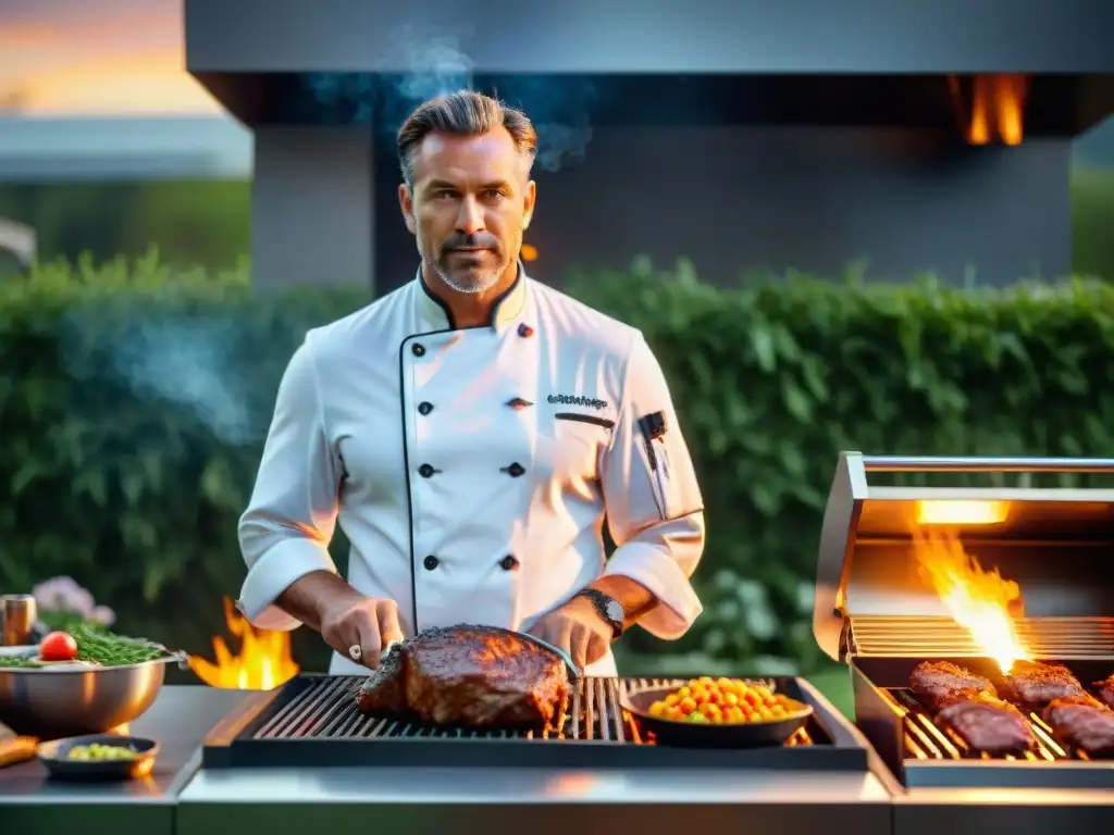 Un experimentado chef en una parrilla de alta gama, controla meticulosamente las técnicas avanzadas de asado de carnes