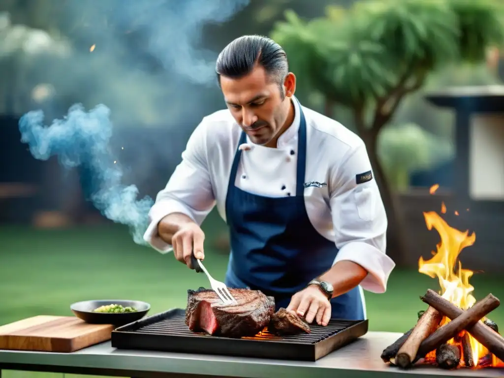 Un experimentado chef asando un suculento filete de avestruz, sorprendiendo con sus técnicas en un entorno natural y tradicional