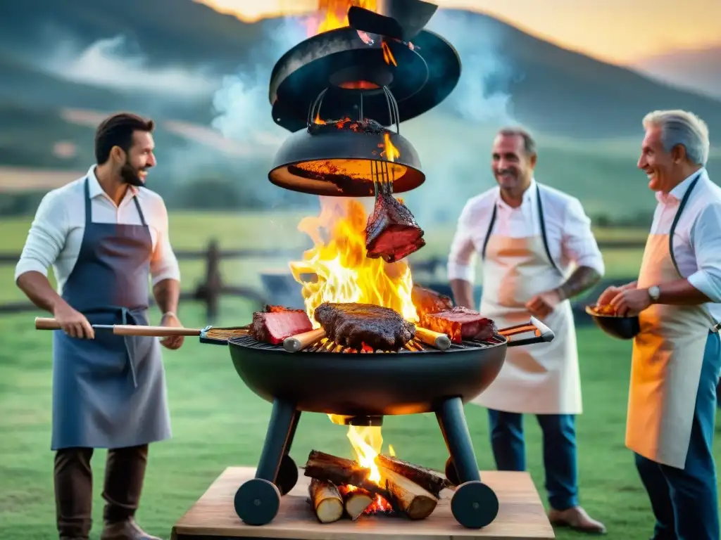 Experimentados maestros del asado uruguayo certificados se reúnen alrededor de la parrilla de leña, expertos en la parrilla