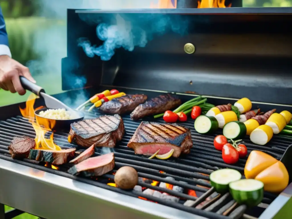 Experimentados maestros asadores cuidan expertamente carnes y vegetales en una parrilla ahumada, brindando consejos maestros asadores asado