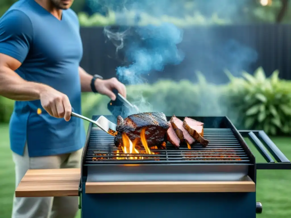 Experto ahumando carne asado en parrilla, concentrado