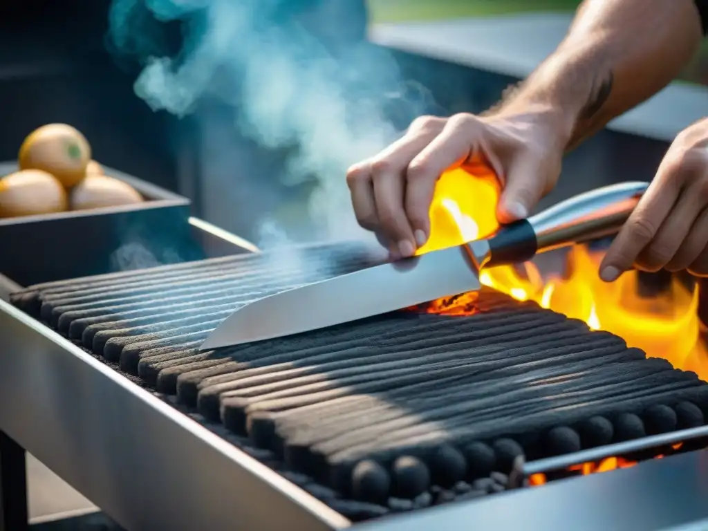 Un experto artesano graba un diseño personalizado en una herramienta de asado de acero inoxidable, mostrando precisión y detalle