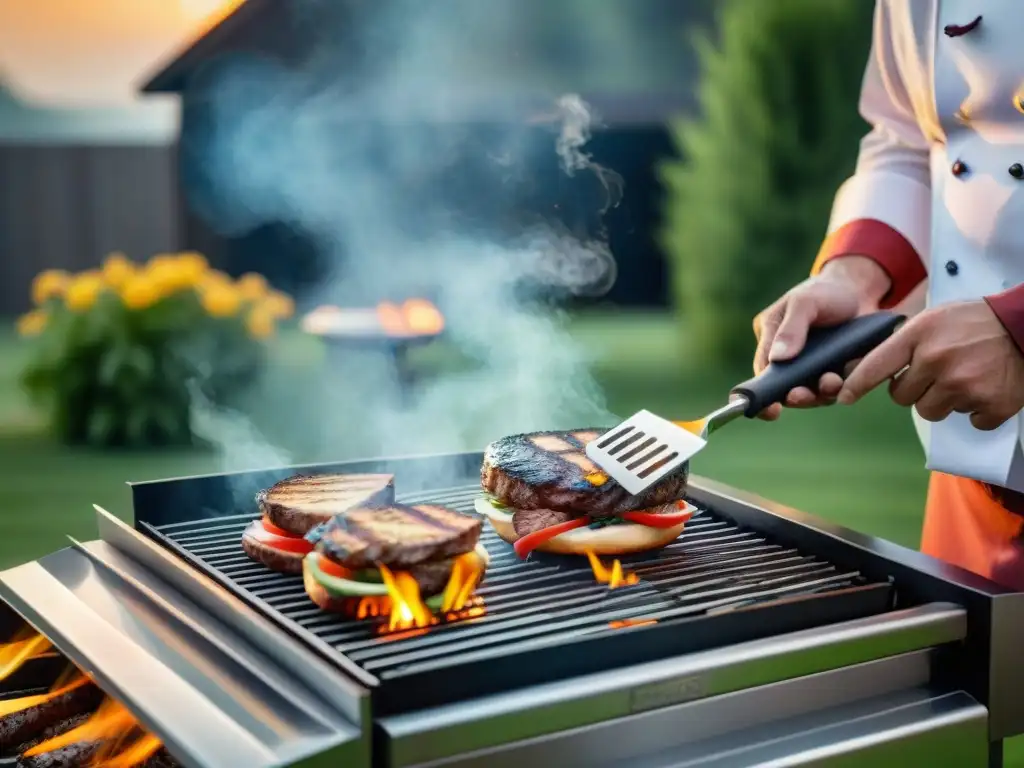 Un experto asador disfruta de accesorios asado personalizados calidad en su parrilla de acero inoxidable al atardecer