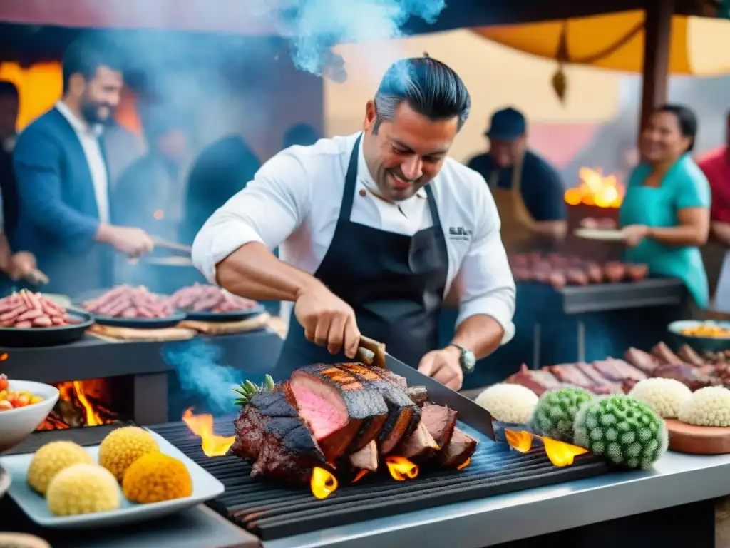 Un experto asador tallando un delicioso asado uruguayo en eventos especiales, rodeado de una festiva atmósfera y aromas tentadores