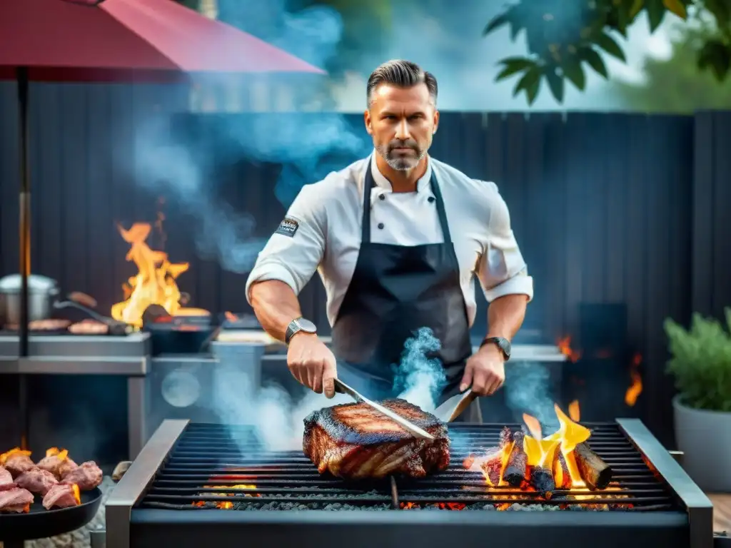 Un experto en asados certificado preparando a la parrilla con maestría, rodeado de humo y llamas vibrantes