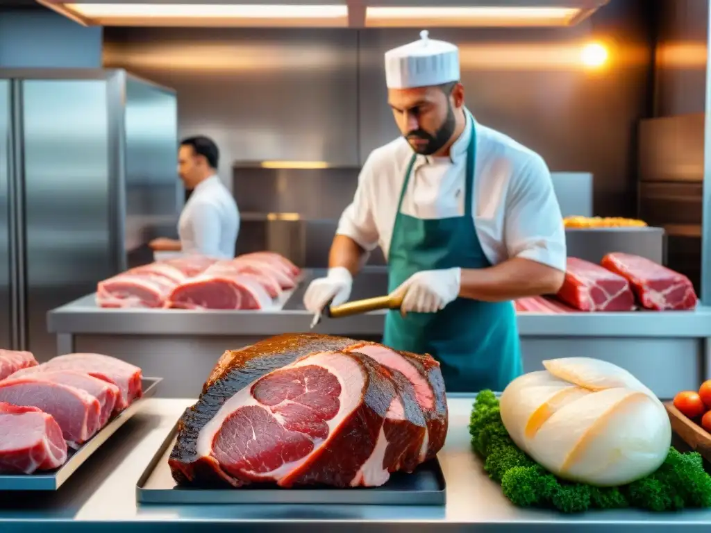 Un experto carnicero selecciona cortes de carne bajo una cálida luz, mostrando la textura y veteado