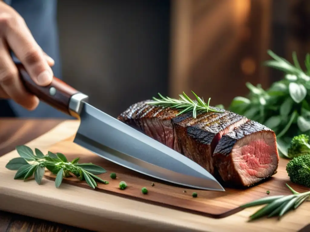 Un experto cuidando cuchillos con técnicas infalibles sobre una tabla de madera con un asado perfectamente cocido