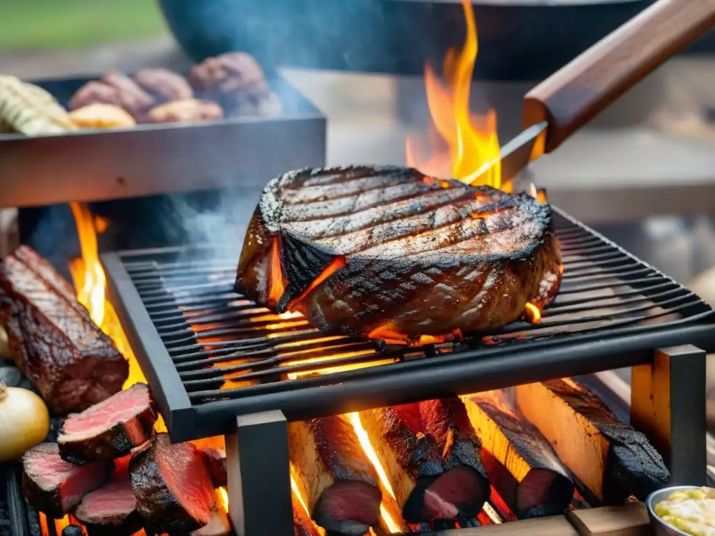 Experto parrillero asando carne al estilo uruguayo en una parrilla tradicional