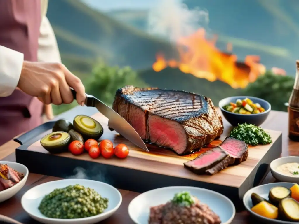 Experto parrillero corta suculento asado uruguayo con amigos al atardecer