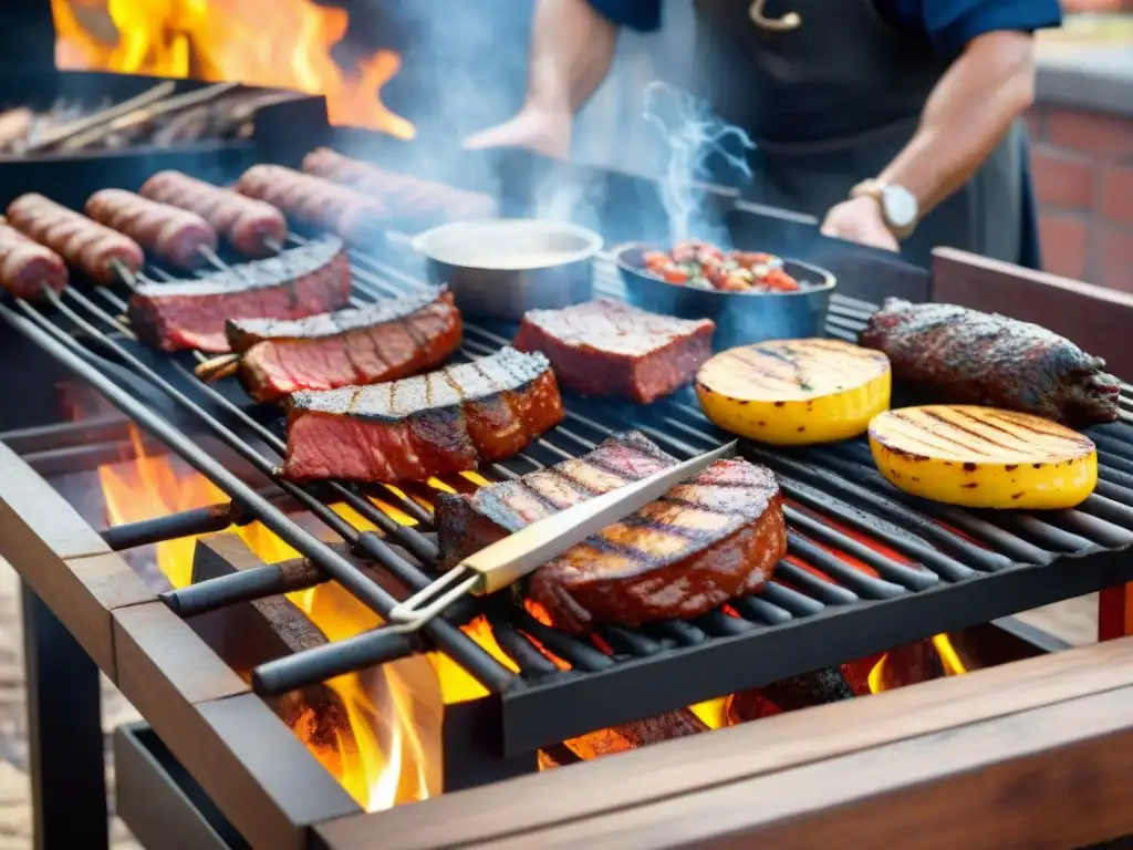 Un experto parrillero uruguayo preparando platos icónicos asado uruguayo en una parrilla de leña, con humeante sabor y color vibrante