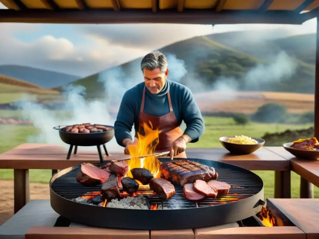 Expertos del asado uruguayo preparando cortes de carne a la parrilla con maestría en un entorno rústico