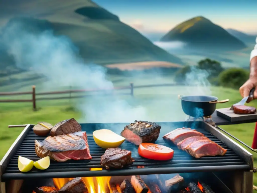 Expertos grillmasters preparando asado uruguayo nivel, en paisaje campestre