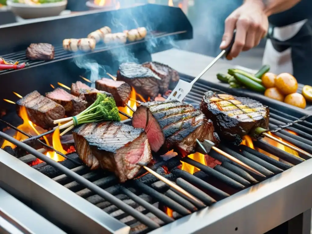 Expertos en asado cuidan con maestría carnes y vegetales en una gran parrilla humeante