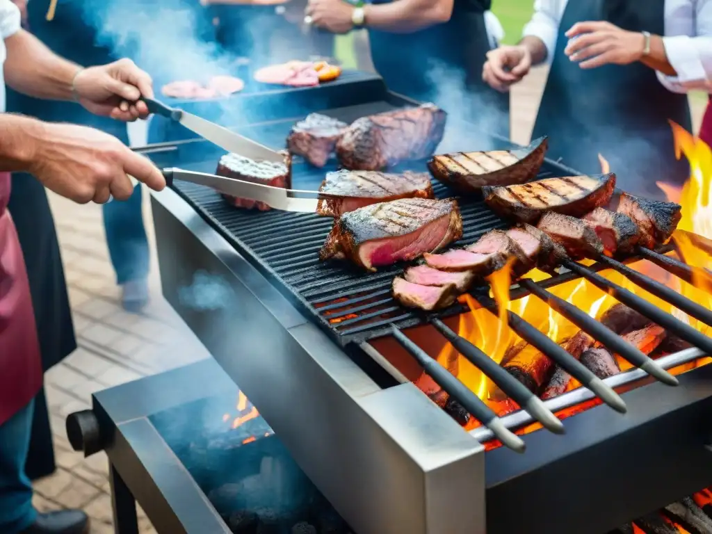 Expertos asadores preparando carne en un concurso de asado en Uruguay