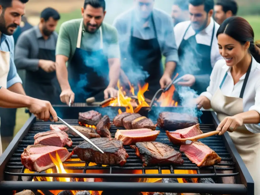 Expertos asadores en una parrilla uruguaya, demostrando pasión y talento en concursos de barbacoa