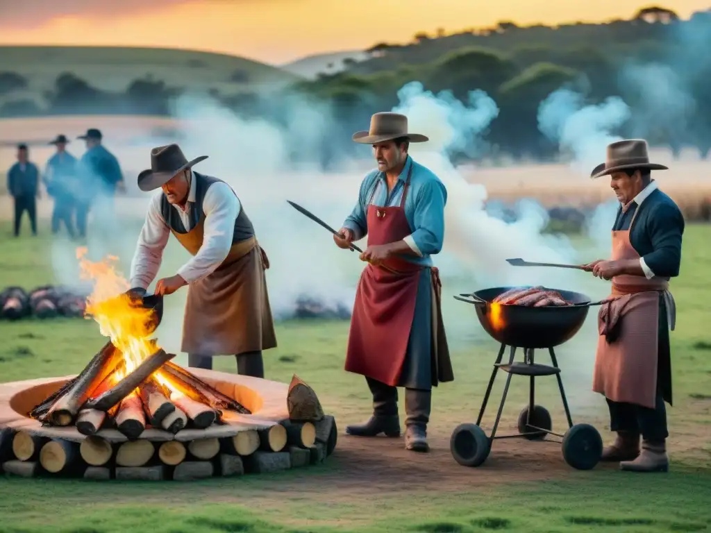 Expertos asadores en trajes gauchos preparando carne a la parrilla en Uruguay al atardecer