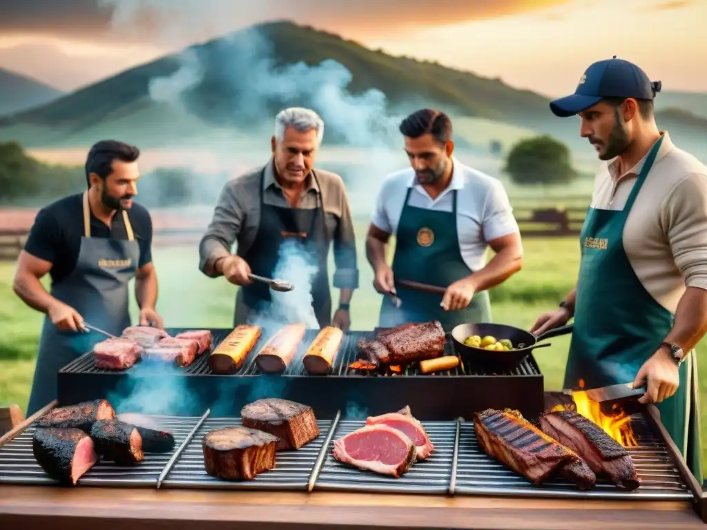 Expertos asadores uruguayos preparando asado al aire libre al atardecer, en paisaje campestre