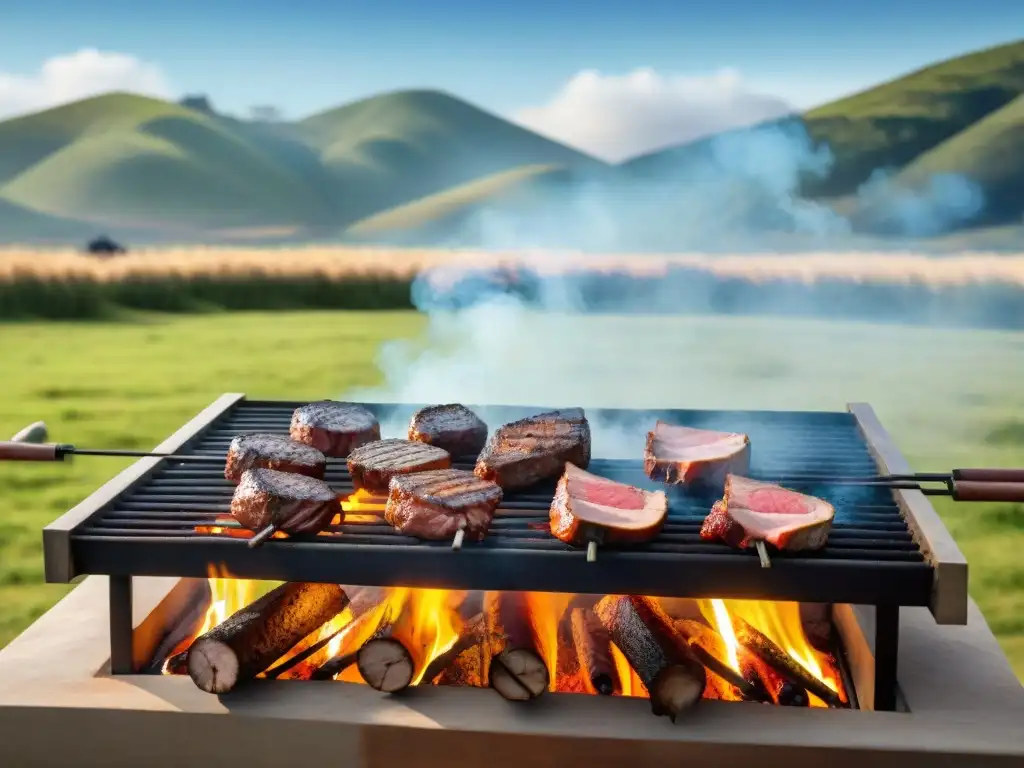 Expertos asadores uruguayos certificados cocinando a la parrilla en el campo