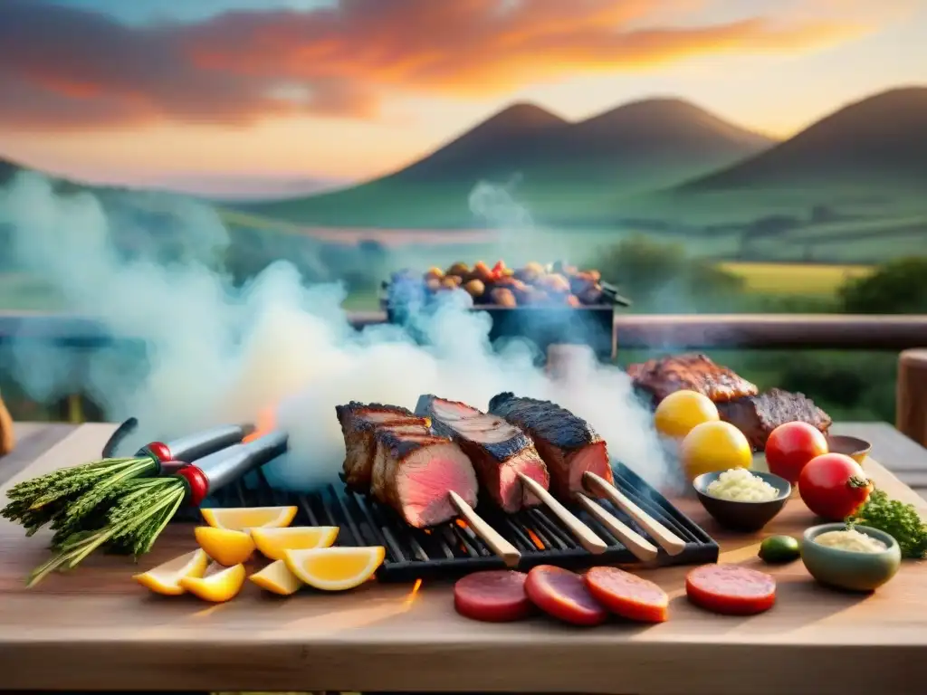 Expertos chefs preparando el asado uruguayo perfecto al atardecer, mostrando pasión y destreza