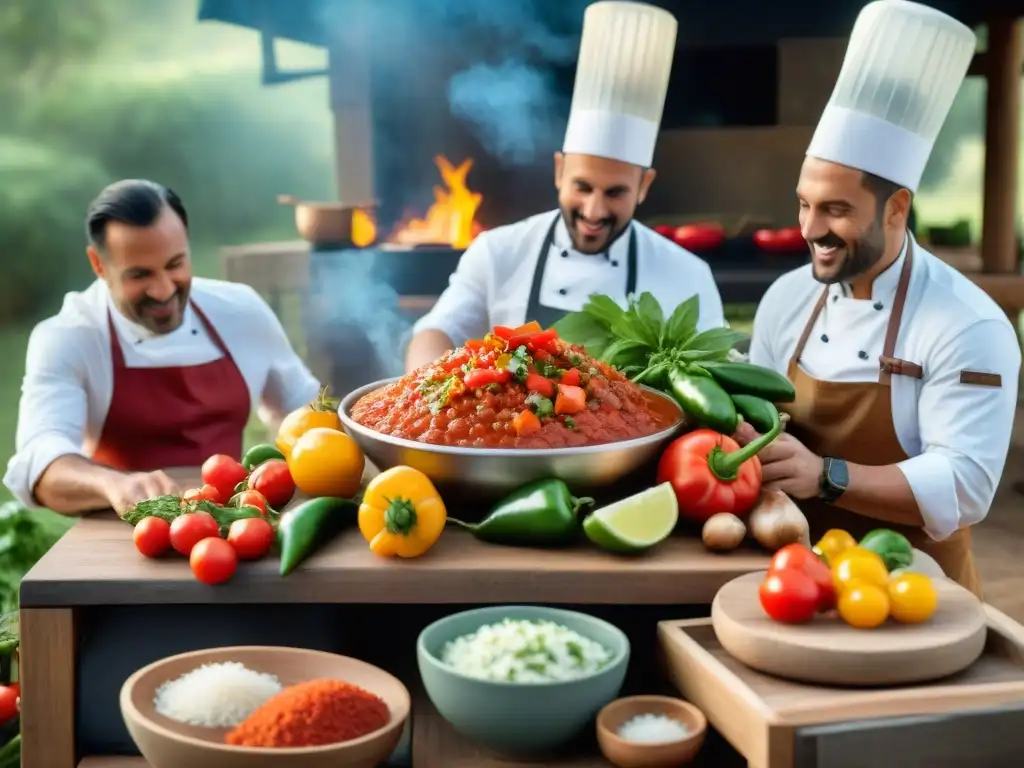 Expertos chefs uruguayos preparando salsas para asado con pasión y destreza en cocina al aire libre